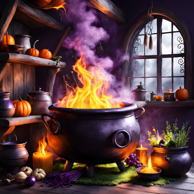 Photo a halloween scene with a pot with a fire in it