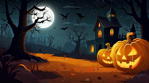 a halloween scene with a pumpkin and bats on the wall