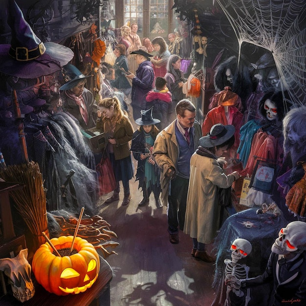 a halloween scene with a pumpkin and a man in a hat