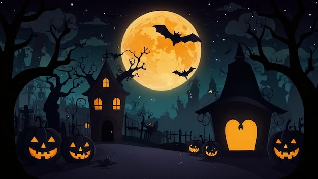 a halloween scene with pumpkins and bats on a dark background