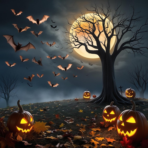 a halloween scene with pumpkins and bats flying around it