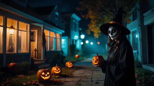 A Halloween scene with pumpkins and bats in the foreground