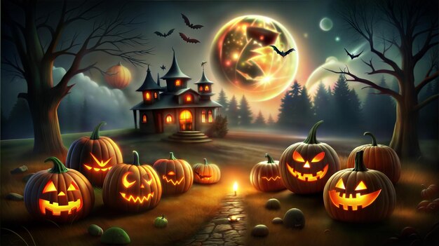 a halloween scene with pumpkins and bats and a moon in the background