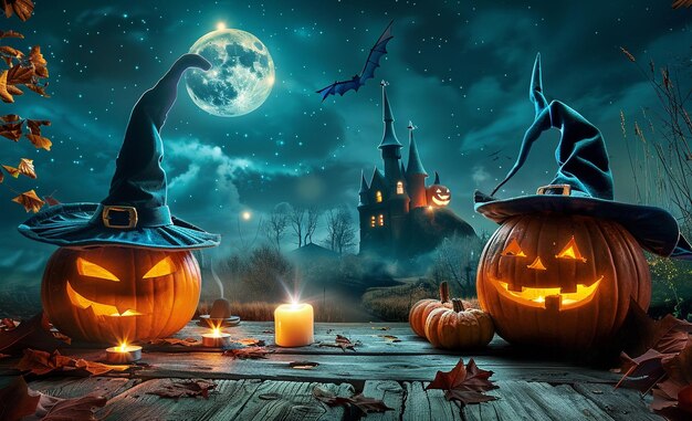 Photo a halloween scene with pumpkins and bats on the wall