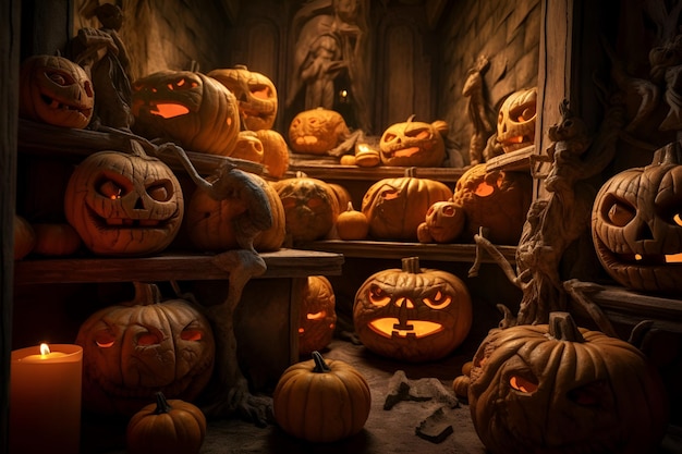 A halloween scene with pumpkins in a dark room