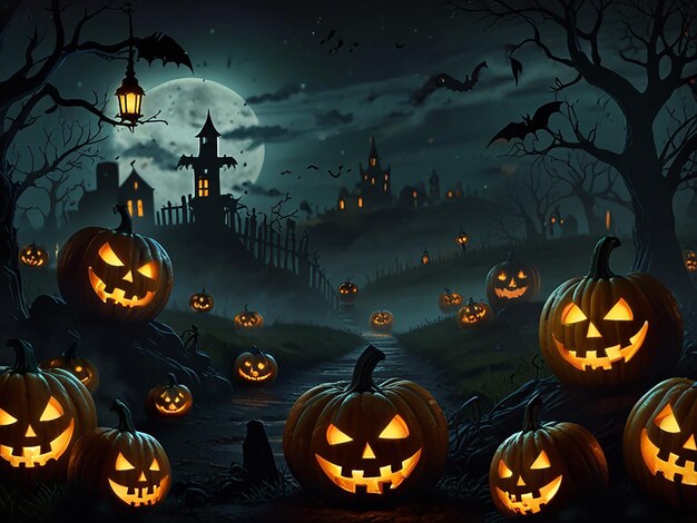 a halloween scene with pumpkins and a fence with a full moon behind them