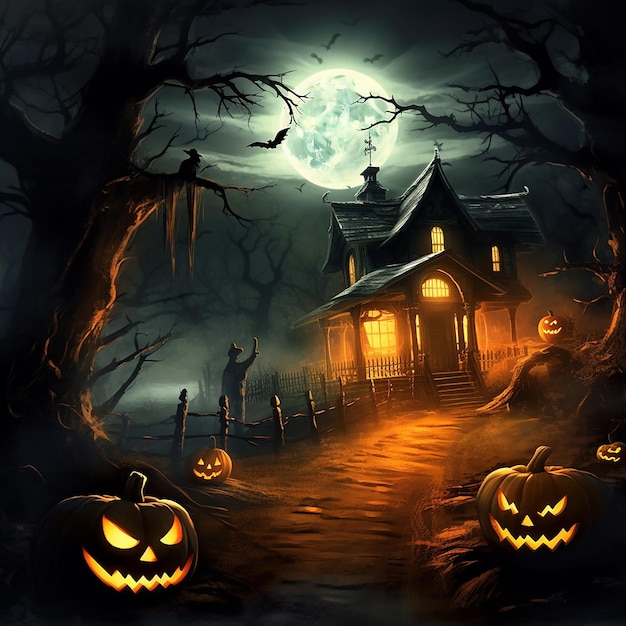 A halloween scene with pumpkins on the front of a house and a full moon in the background.