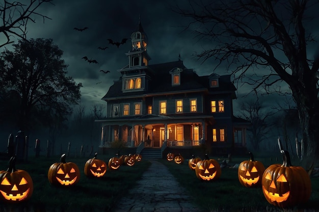 a halloween scene with pumpkins on the front of it