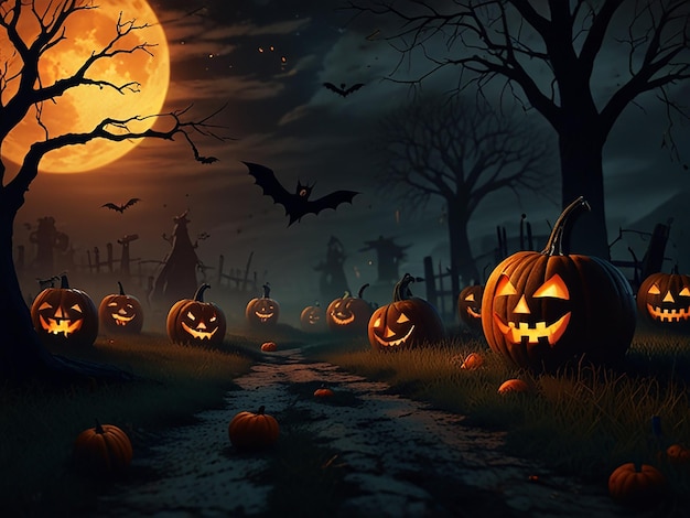 Photo a halloween scene with pumpkins and a full moon in the background