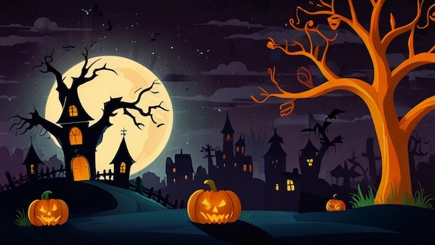 a halloween scene with pumpkins and a full moon in the background