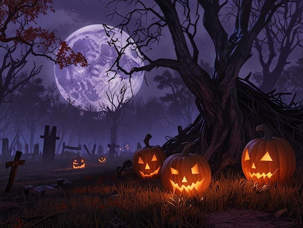 a halloween scene with pumpkins and a full moon in the background