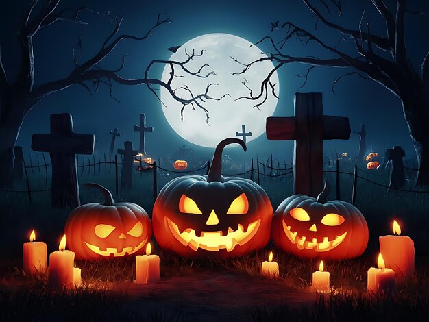 Photo a halloween scene with pumpkins and a full moon in the background