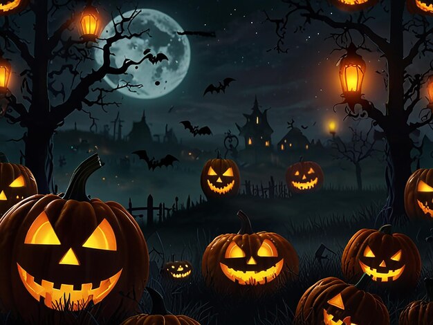 a halloween scene with pumpkins and a full moon behind them