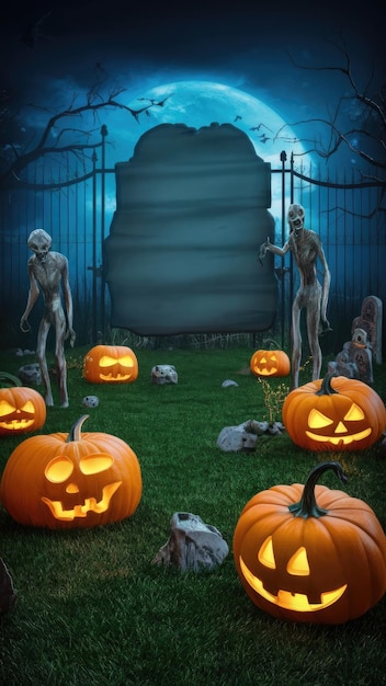 Photo a halloween scene with pumpkins and a gate in the background