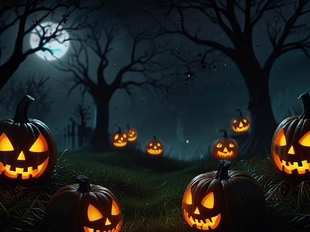 a halloween scene with pumpkins on the grass and the moon in the background