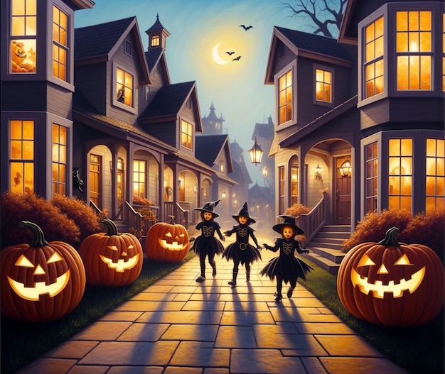 A halloween scene with pumpkins on the ground and a house with the moon in the background.