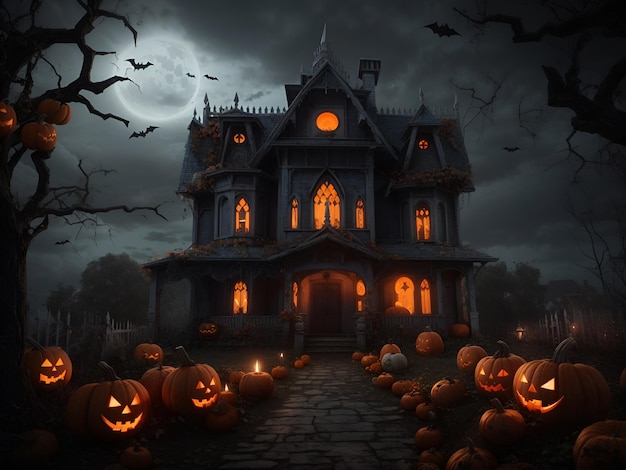 A Halloween scene with pumpkins and a haunted house