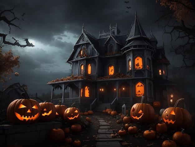 A Halloween scene with pumpkins and a haunted house