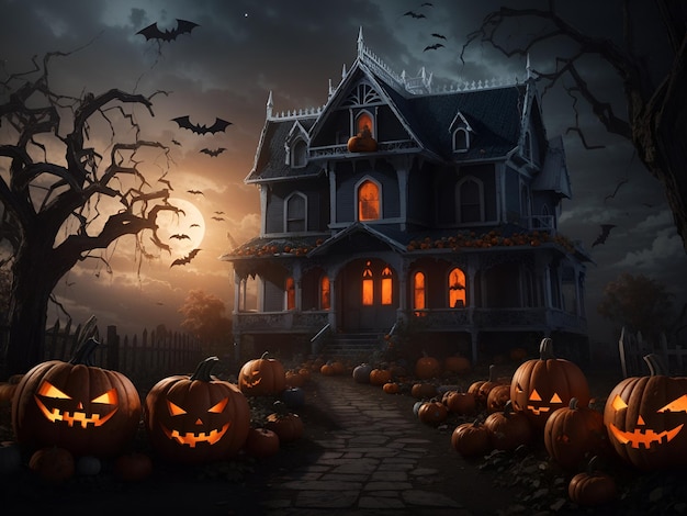 A Halloween scene with pumpkins and a haunted house