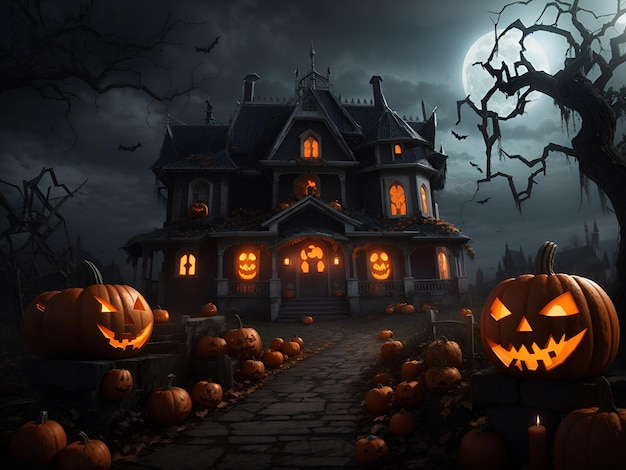 A Halloween scene with pumpkins and a haunted house