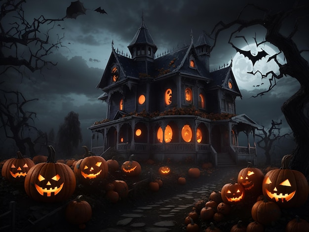 A Halloween scene with pumpkins and a haunted house