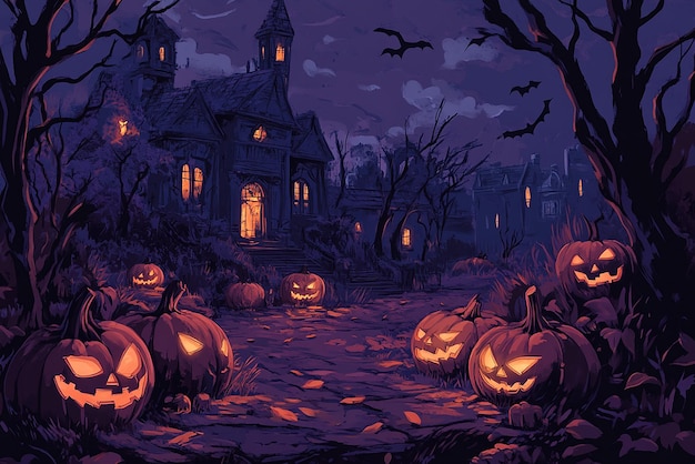 a halloween scene with pumpkins and a house in the background