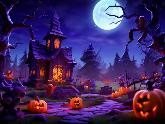 a halloween scene with pumpkins and a house with a house in the background