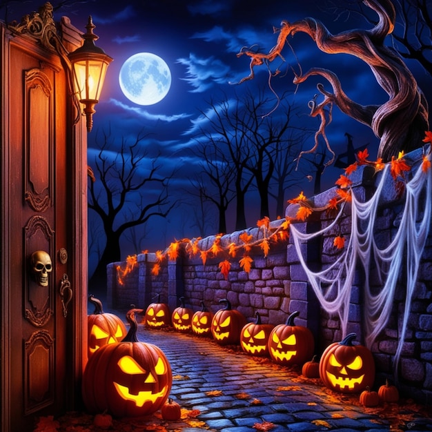 a halloween scene with pumpkins and a moon in the background