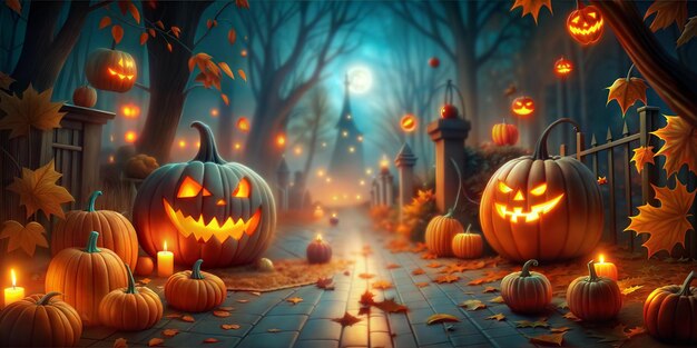 a halloween scene with pumpkins and the moon