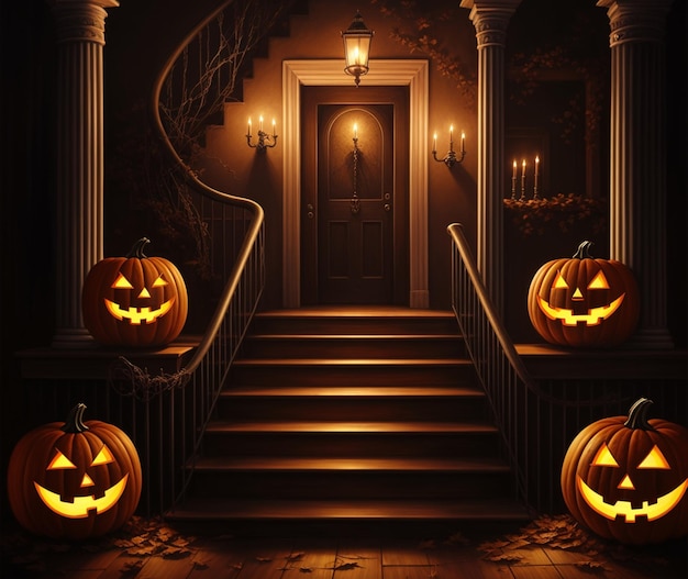 A halloween scene with pumpkins and a staircase with a lit candle.