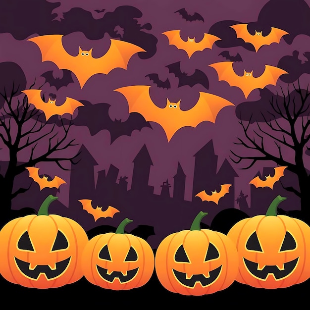 a halloween scene with pumpkins and trees in the background