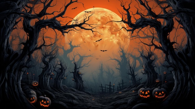 a halloween scene with pumpkins and trees