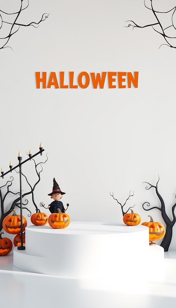 Halloween scene with pumpkins witch and a podium for your product display