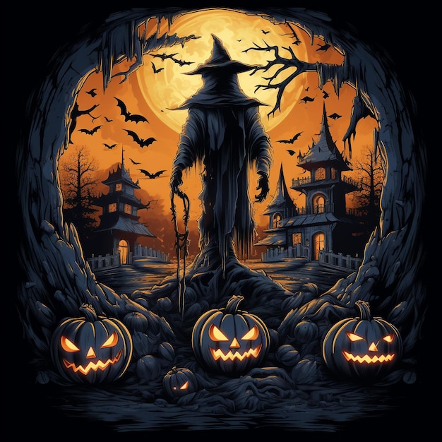 A halloween scene with pumpkins and a witch on the top