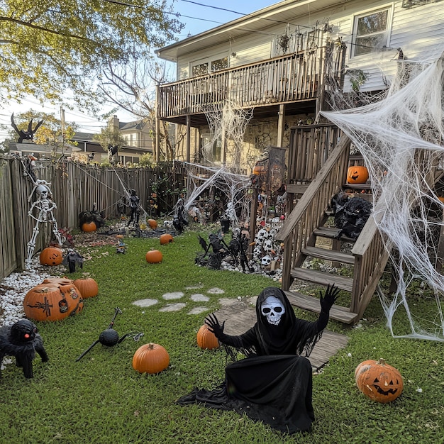 Photo a halloween scene with a scarecrow and a pumpkin