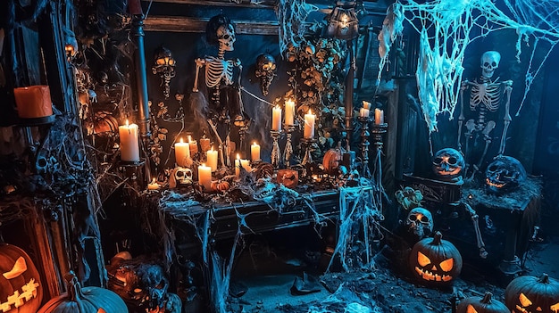 A Halloween scene with skeletons candles pumpkins and cobwebs in a dark room