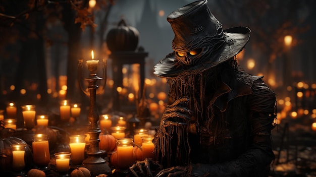 Halloween scenery with tombstonescandles and scarecrow