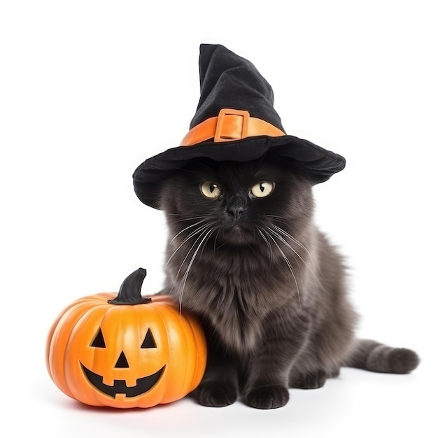 Halloween Scottish Black Cat in witch hat with pumpkin isolated on white background