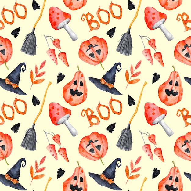 Halloween seamless pattern on ivory colored background Watercolor Helloween repeat print