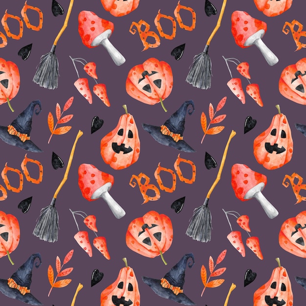 Halloween seamless pattern on violet background Watercolor Autumn holiday repeat print