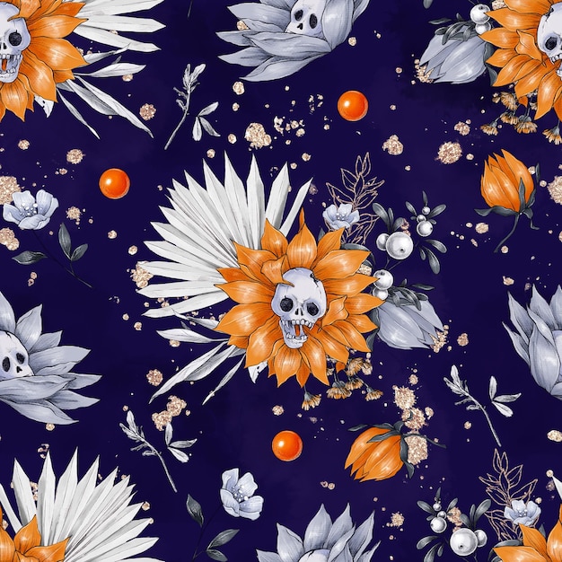 Halloween seamless repeat pattern with predatory flowers flowers with eyes and teeth and skulls