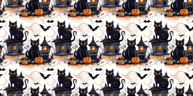 Halloween seamless white background with black cat pumpkin and sinister castle Generative AI