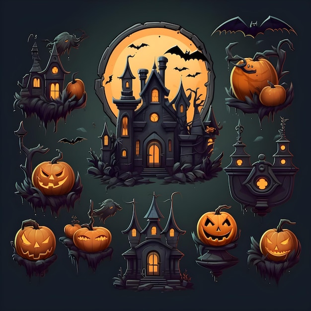 Halloween set of pumpkins ghosts haunted house bats and castle on solid background