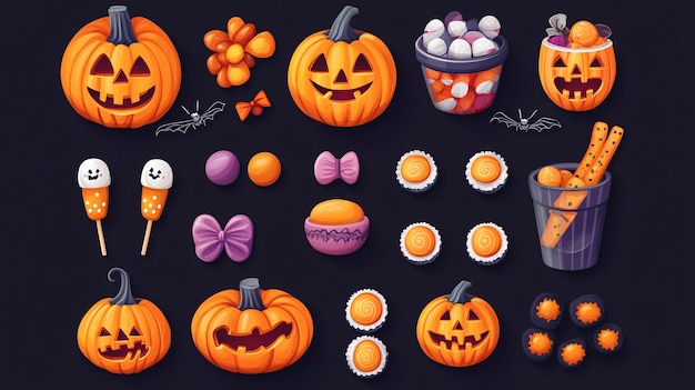 Photo halloween set with pumpkins sweets and decorations on black background