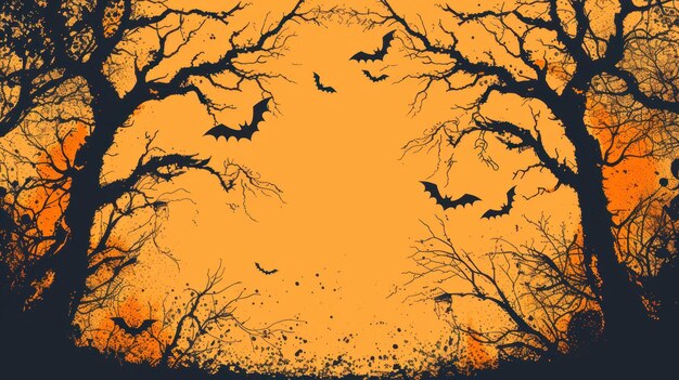 Photo halloween silhouette of gnarled trees and flying bats on orange background