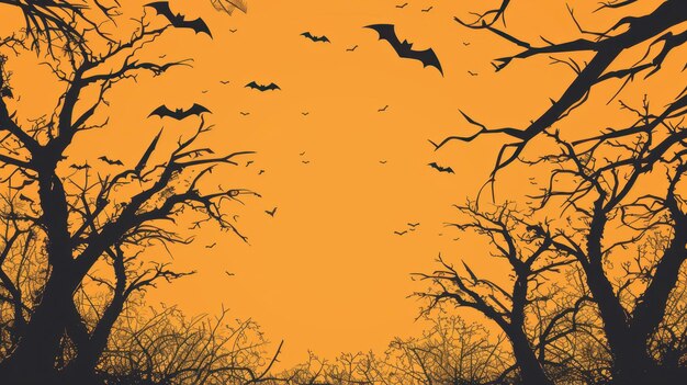 Photo halloween silhouette of gnarled trees and flying bats on orange background