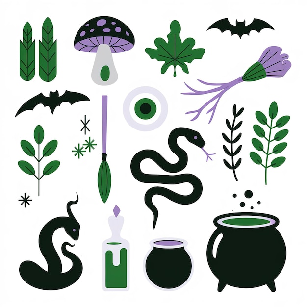 Photo halloween silhouette icons mushrooms snakes and cauldron