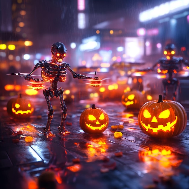 Halloween Skeleton Drone With Jack O Lantern In The City