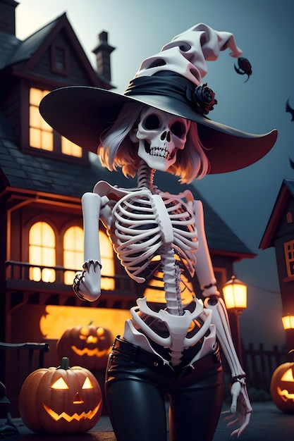 Halloween skeleton in front of a haunted house