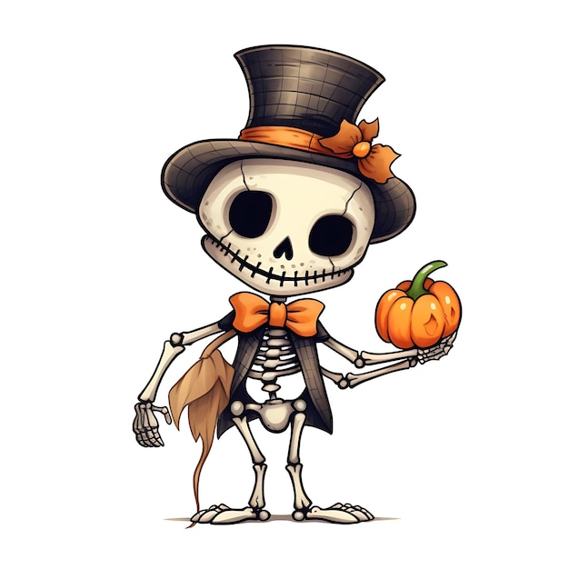 Halloween Skeleton Pumpkin Watercolor Clipart drawing on white background Happy Halloween Skeletons